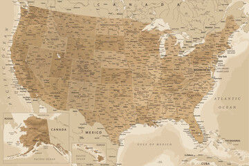 United States - Highly Detailed Vector Map of the USA. Ideally for the Print Posters. Blue Golden Beige Retro Style - obrazy, fototapety, plakaty