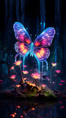 Butterfly in the night forest. Colorful illustration of a butterfly in the night forest.