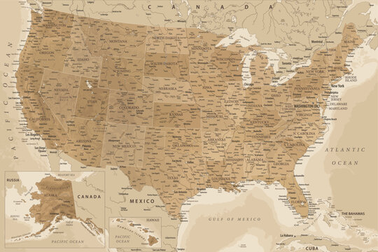 United States - Highly Detailed Vector Map of the USA. Ideally for the Print Posters. Blue Golden Beige Retro Style
