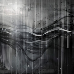 Waves of grey and black cascade across this image, evoking a sense of movement. Against a rough abstract background