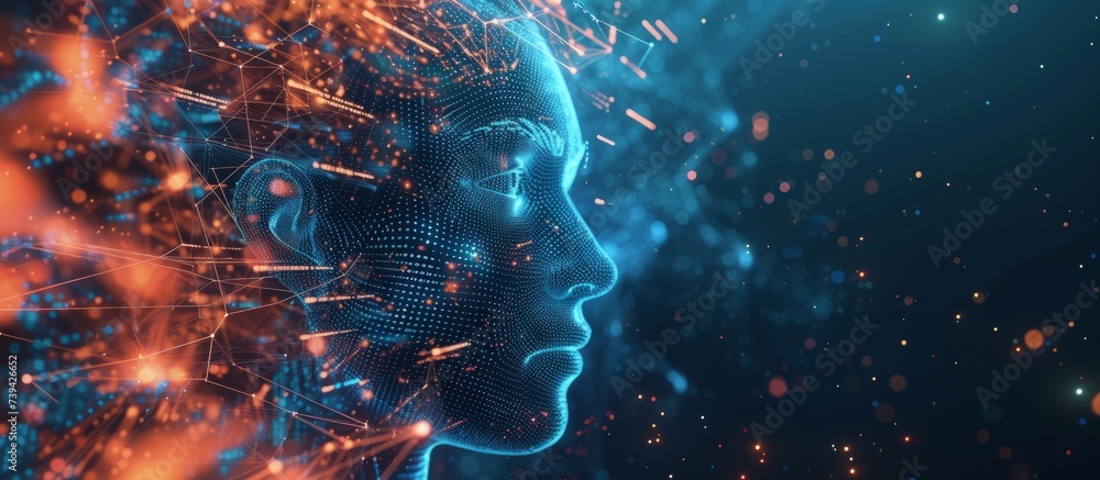 Poster abstract digital face concept with interconnected network of dots and lines
