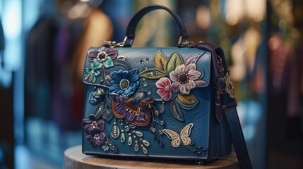 blue handbag with colorful flowers