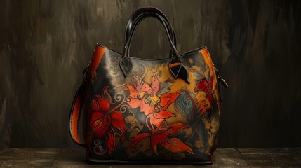 black handbag with colorful flowers isolated on darkbackground