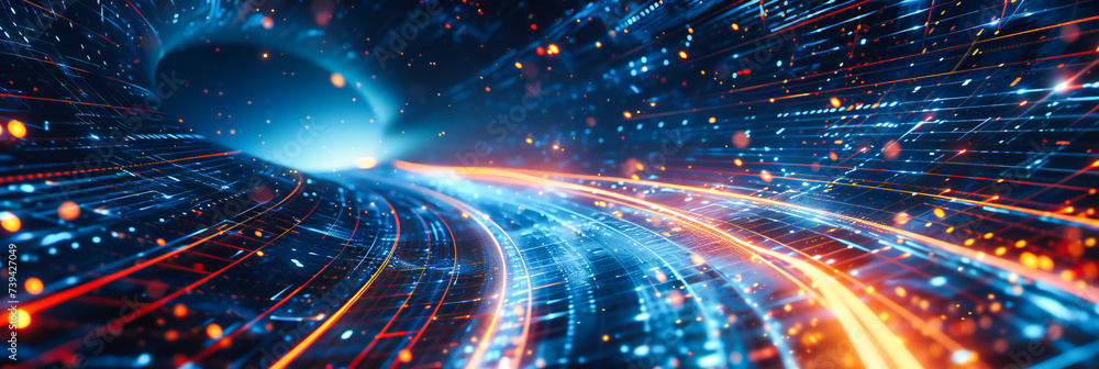 Poster the rush of technology and motion, where the paths of data and digital innovation intersect in a lan