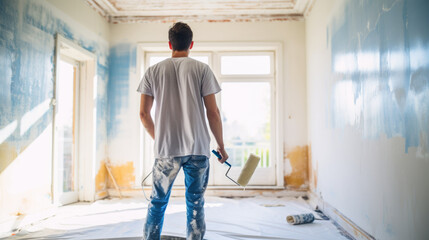 Man Preparing to Paint Room with Blue Walls
