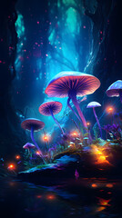 Magic mushrooms in the forest at night. Fantasy landscape with magic mushrooms.