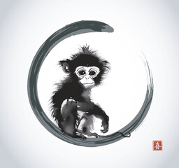 Ink wash painting of baby monkey in black enso zen circle on white background. Traditional oriental ink painting sumi-e, u-sin, go-hua. Hieroglyph - joy