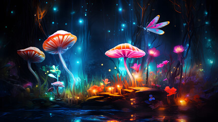 Magic mushrooms in the forest at night. Fantasy landscape with magic mushrooms.