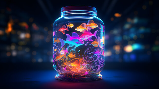 Goldfish in a glass jar with colorful bokeh background.