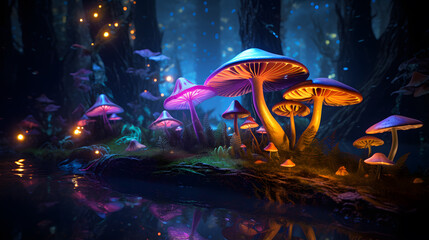 Magic mushrooms in the forest. Illustration on a black background.