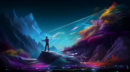 Man with a fishing rod on the background of the night landscape.