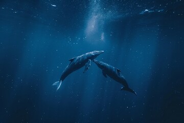 Fototapeta premium Whale couple beneath a starlit sky a symbol of romance in the vast ocean night