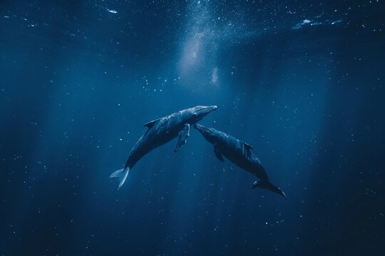 Whale couple beneath a starlit sky a symbol of romance in the vast ocean night