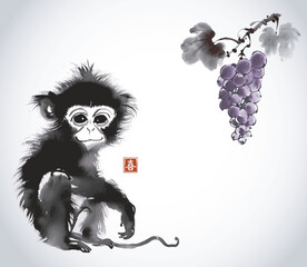 Ink painting of baby monkey sitting under grapes hanging from a vine with leaves. Traditional oriental ink painting sumi-e, u-sin, go-hua. Hieroglyph - joy