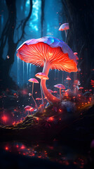 Mushrooms in the forest at night. 3D rendering.