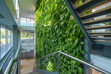 the interior of a modern room using a living green vertical wall,the concept of Sustainability, caring for the planet,eco-trends,climate change, increasing oxygen levels, air quality,
