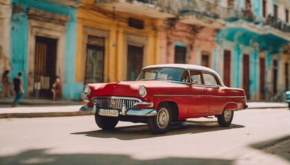 retro red car on a sunny street in havana, cuba
