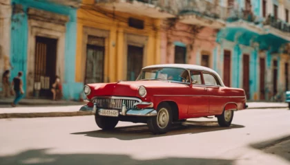 Zelfklevend Fotobehang retro red car on a sunny street in havana, cuba  © abu