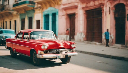 retro red car on a sunny street in havana, cuba
