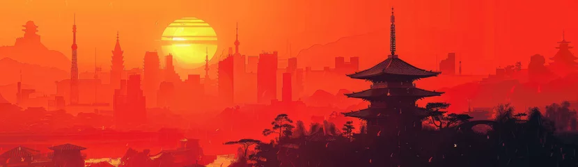 Fotobehang Cityscape anime background with a beautiful sunset in anime style. Retro red and wave Cyberpunk style illustration. © RIZKI MAULANA