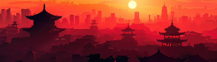 Cityscape anime background with a beautiful sunset in anime style. Retro red and wave Cyberpunk style illustration.