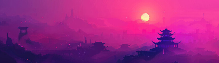 Cityscape anime background with a beautiful sunset in anime style. Retro purple and wave Cyberpunk style illustration.