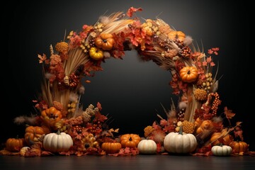Naklejka na ściany i meble Autumnal harvest wreath with pumpkins gourds and. Generative ai