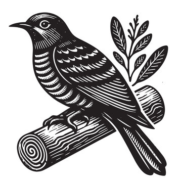 recommend clip art: Cuckoo on a branch. Beautiful vintage engraving illustration, emblem, icon, logo, sketch. Black lines