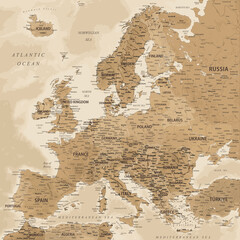 Europe - Highly Detailed Vector Map of the Europe. Ideally for the Print Posters. Dark Golden Beige Retro Style