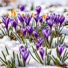 Springtime purple crocus flowers in a snowy garden