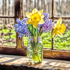 Yellow daffodils and purple hyacinth bouquet in a mason jar in rustic sunny window