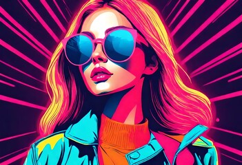 neon style fashion portrait of a model girl in sunglasses. Poster or flyer in trendy retro colors. Vector illustration
