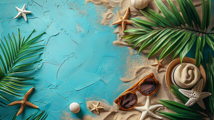 Beach accessories on a blue board - summer vacation banner