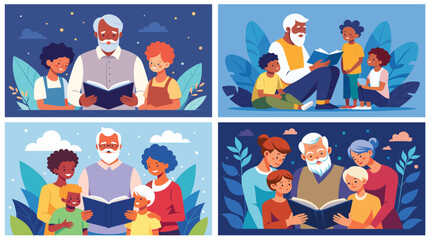 Grandfather Reading to Grandchildren in Various Settings