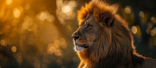 Majestic lion with beautiful long black mane in the wild nature