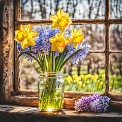 Spring yellow daffodils and blue hyacinth bouquet in a mason jar in a rustic sunny window