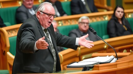 Speech in parliament. An attempt to convey your point of view, supported by arguments and active gestures. Engaging the crowd, using powerful hand movements.