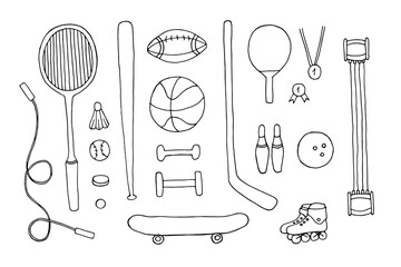 Sport Equipment vector doodle set. Balls, rackets, stick, rollers and skate, jump rope, dumbbells isolated on white background. Hand drawn drawings with black pen on the theme of sport competitions.