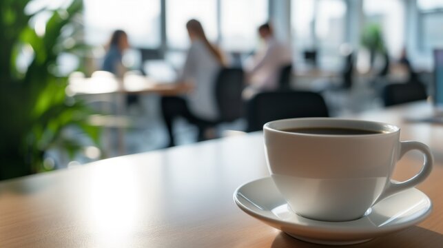 Nahaufnahme einer wei&szlig;en Tasse mit Kaffee auf einem Tisch mit B&uuml;ro und Mitarbeiter, Angestellte im unscharfem Hintergrund, Kaffeepause am Arbeitsplatz
