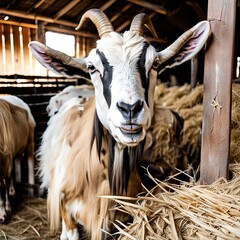 Close-up of an old goat in a barn stall with hay bale