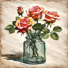 Watercolor orange rose bouquet in glass jar on abstract background