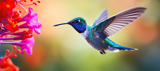 Blue hummingbird Violet Sabrewing flying next to beautiful red flower. blurry background 