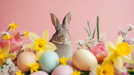 Brown rabbit surrounded by pastel Easter eggs and daffodils on pink background. Joyful Easter celebration and spring concept for festive decoration and holiday greeting design