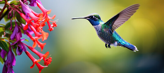 Blue hummingbird Violet Sabrewing flying next to beautiful red flower. blurry background 