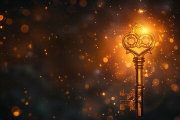 Golden key with glowing lights and dark