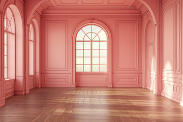 3d empty room with pink wall wooden floor and a window. interior of an empty pink studio room. - obrazy, fototapety, plakaty