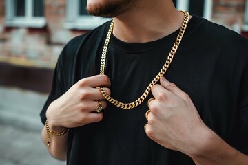 men wearing a golden chain on neck