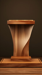 a wooden podium speech stage brown, Wooden Podium with Microphone, wooden announcement podium and black curtain on the stage, Generative Ai