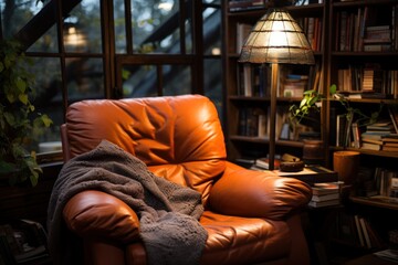 Intimate home library corner with a leather armchair and soft lighting, a reader's private haven
