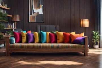An old wooden sofa and multicolored fabric cushions in the living room of the house